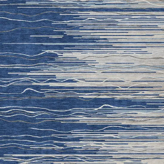 Navy Blue Gray And Ivory Striped Washable Indoor Outdoor Area Rug Photo 5