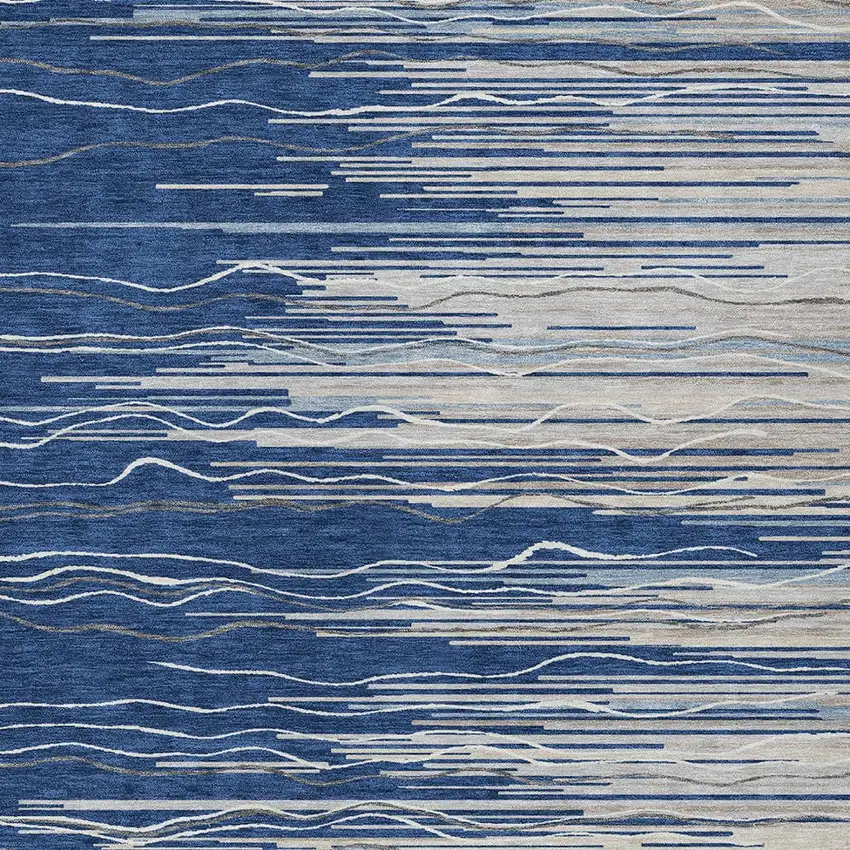 Navy Blue Gray And Ivory Striped Washable Indoor Outdoor Area Rug Photo 5