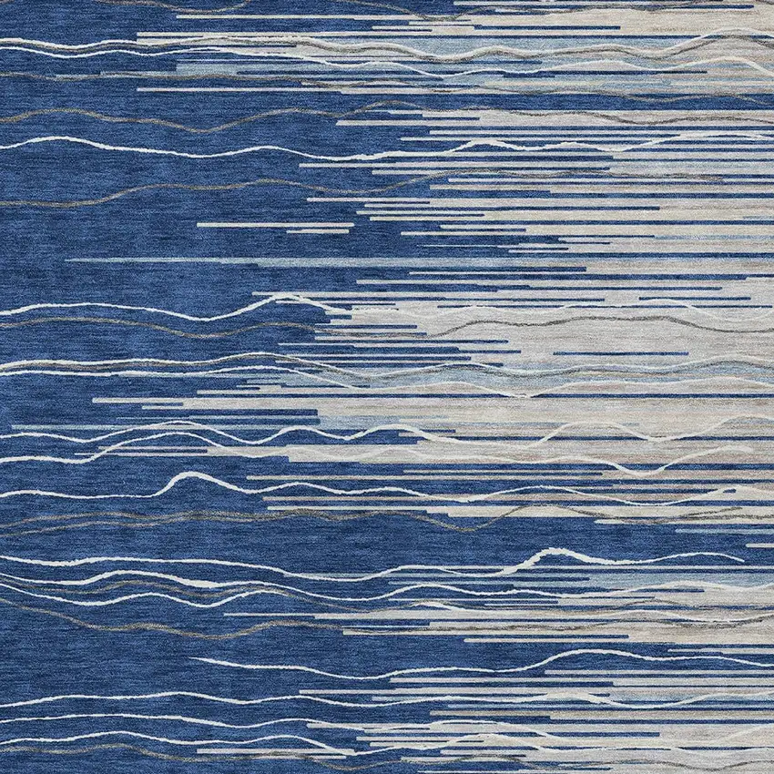 Navy Blue Gray And Ivory Striped Washable Indoor Outdoor Area Rug Photo 5