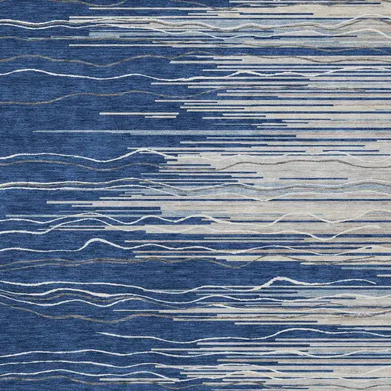 Navy Blue Gray And Ivory Striped Washable Indoor Outdoor Area Rug Photo 5