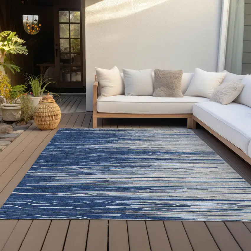 Navy Blue Gray And Ivory Striped Washable Indoor Outdoor Area Rug Photo 7