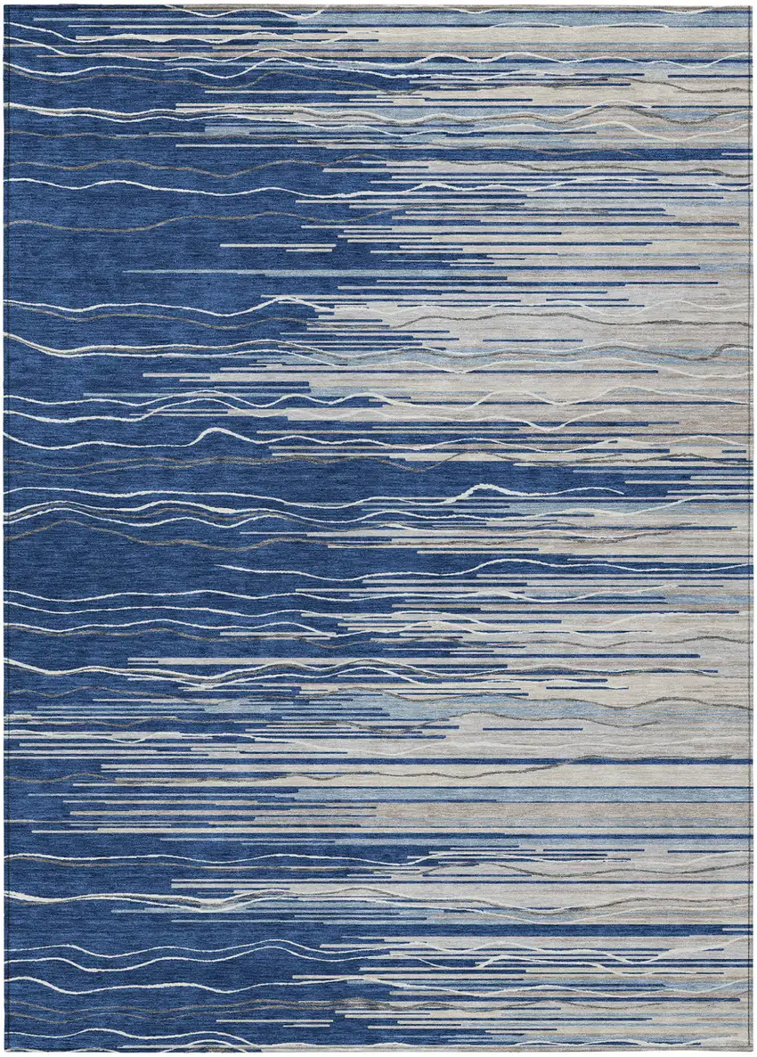 Navy Blue Gray And Ivory Striped Washable Indoor Outdoor Area Rug Photo 2