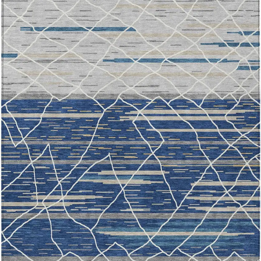 Navy Blue Gray And Ivory Striped Washable Indoor Outdoor Area Rug Photo 7