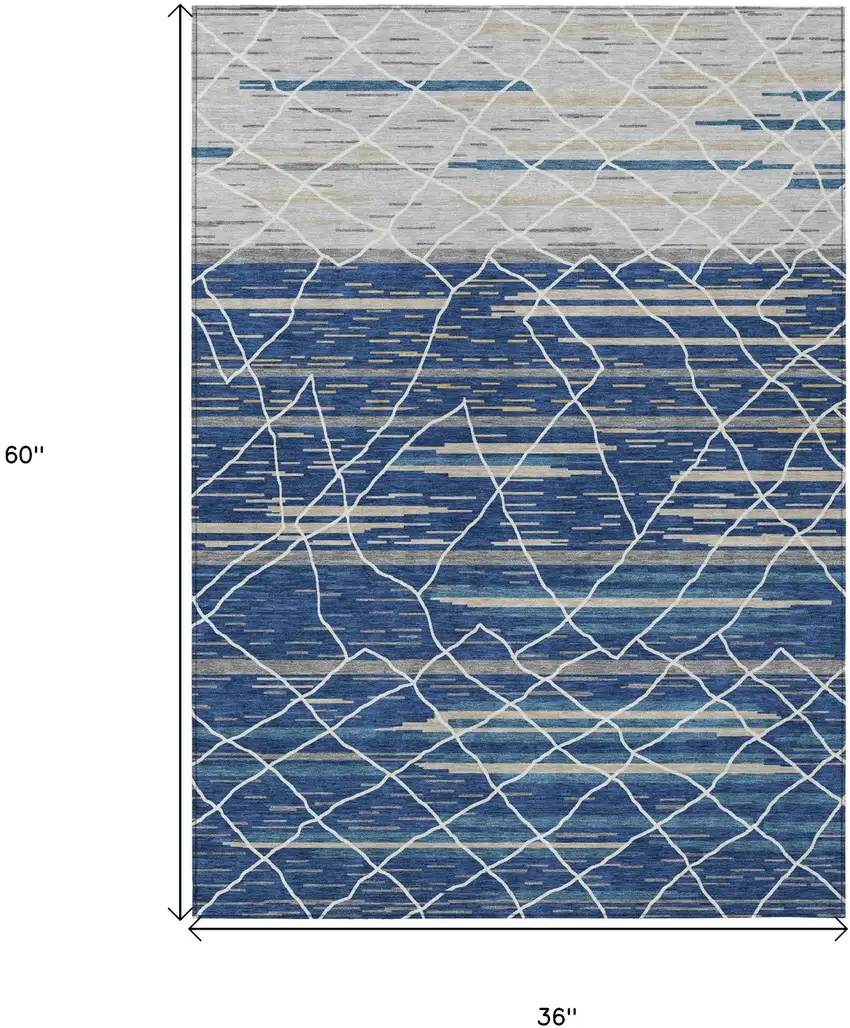 Navy Blue Gray And Ivory Striped Washable Indoor Outdoor Area Rug Photo 3