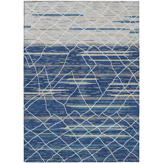 Navy Blue Gray And Ivory Striped Washable Indoor Outdoor Area Rug Photo 2