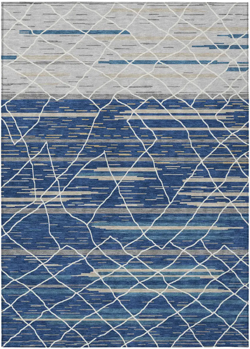 Navy Blue Gray And Ivory Striped Washable Indoor Outdoor Area Rug Photo 2