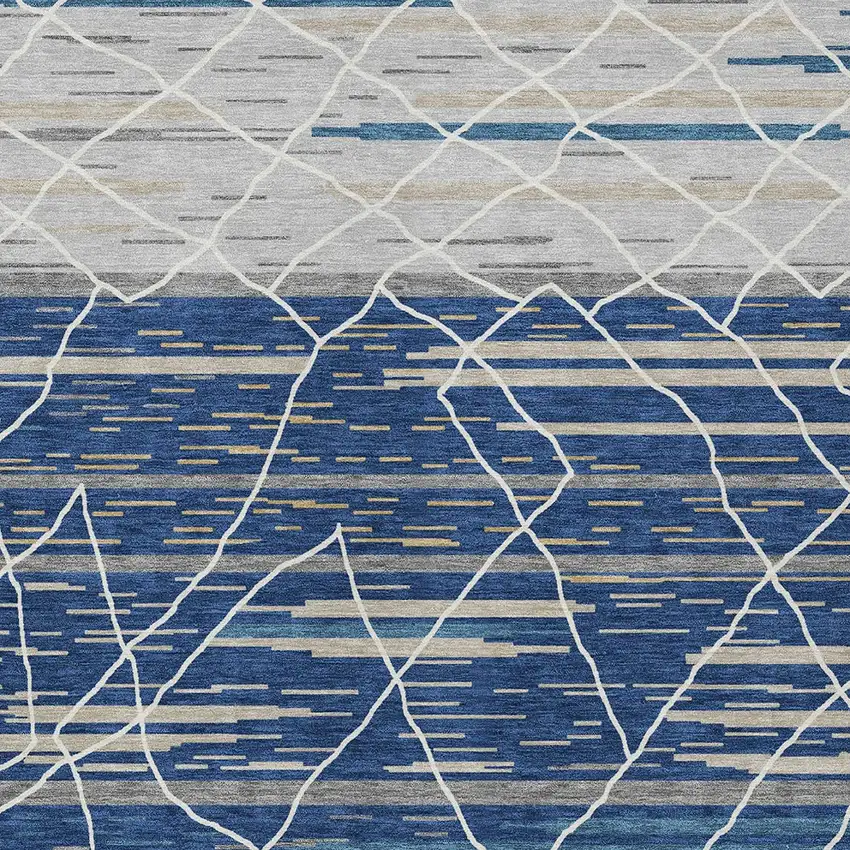 Navy Blue Gray And Ivory Striped Washable Indoor Outdoor Area Rug Photo 6