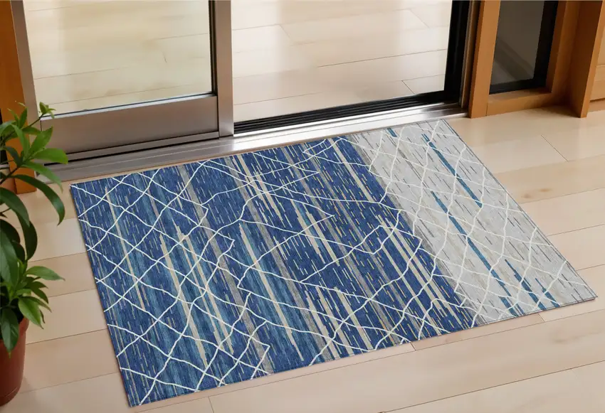 Navy Blue Gray And Ivory Striped Washable Indoor Outdoor Area Rug Photo 1