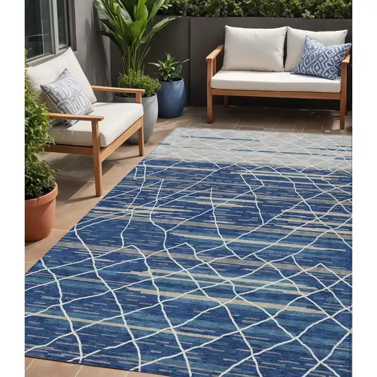 Navy Blue Gray And Ivory Striped Washable Indoor Outdoor Area Rug Photo 1