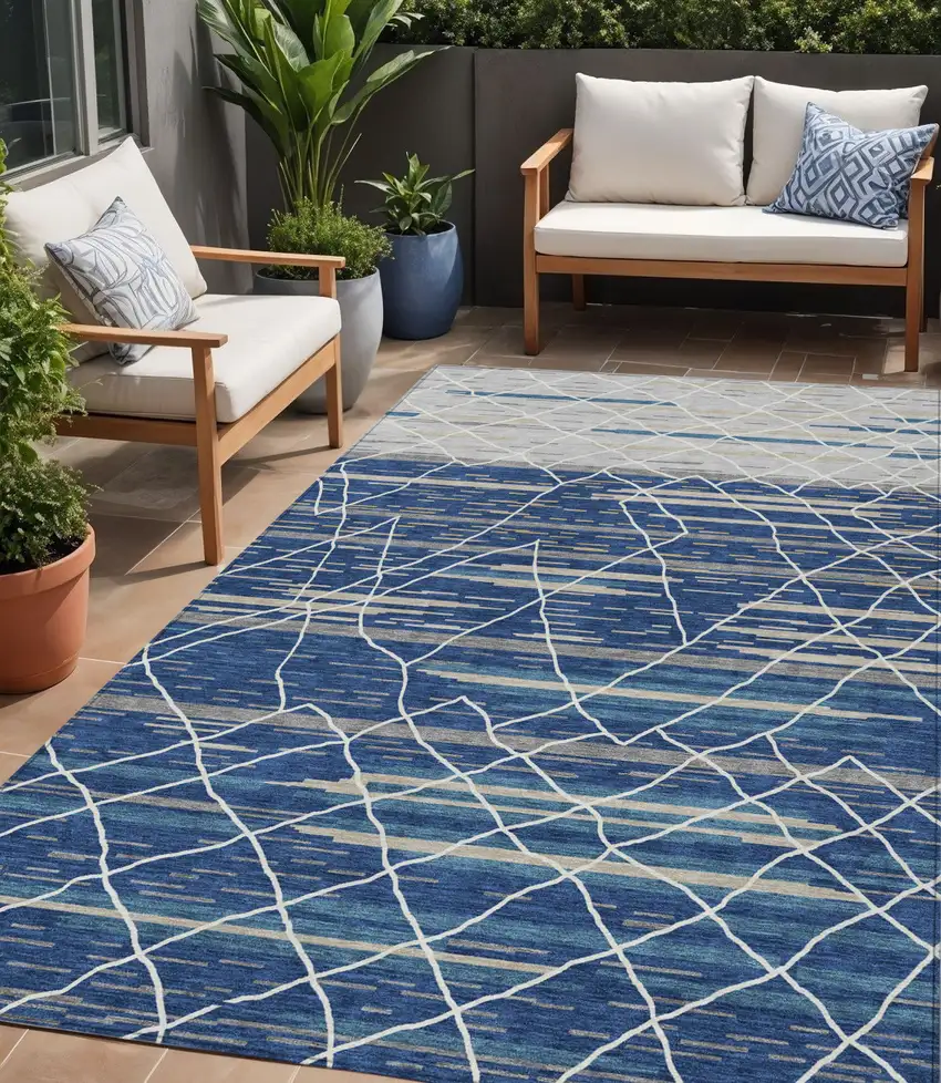 Navy Blue Gray And Ivory Striped Washable Indoor Outdoor Area Rug Photo 1