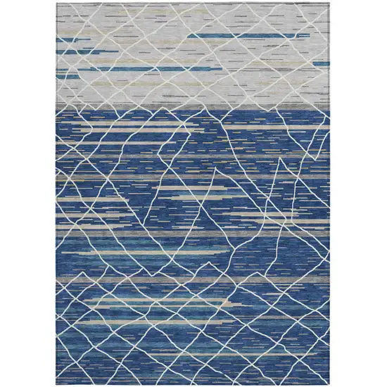 Navy Blue Gray And Ivory Striped Washable Indoor Outdoor Area Rug Photo 7