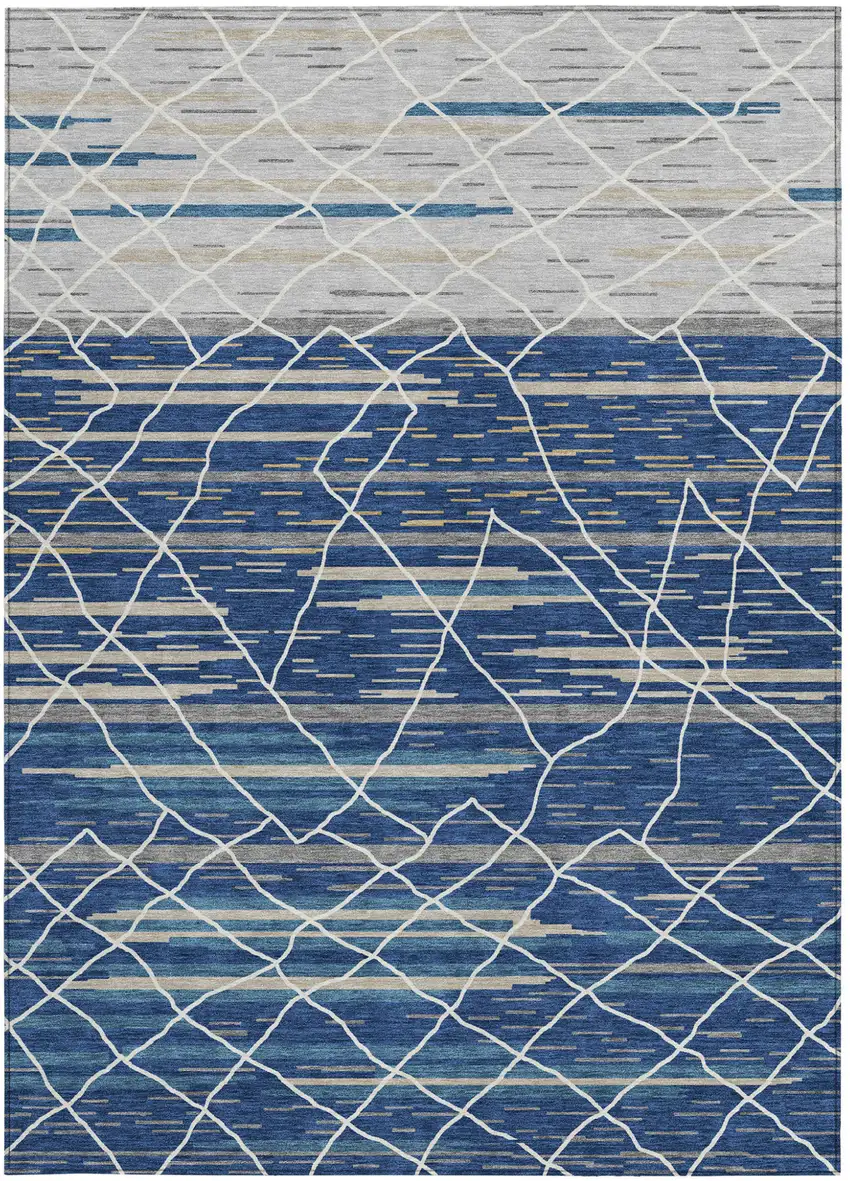 Navy Blue Gray And Ivory Striped Washable Indoor Outdoor Area Rug Photo 7