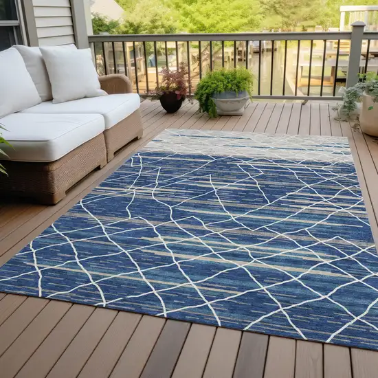 Navy Blue Gray And Ivory Striped Washable Indoor Outdoor Area Rug Photo 8