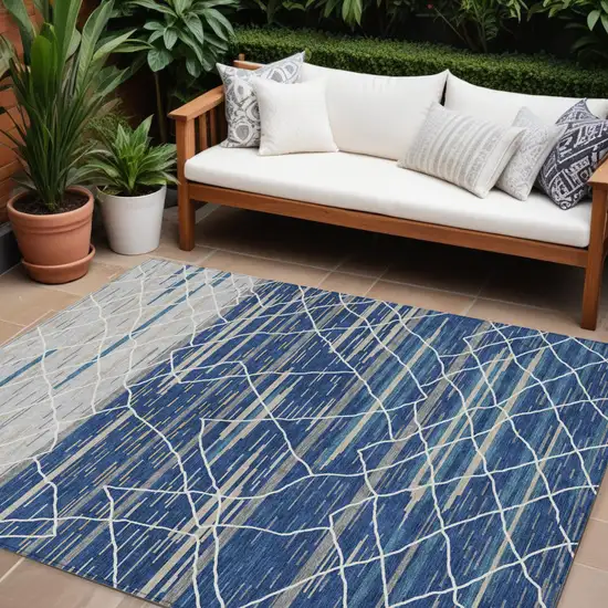 Navy Blue Gray And Ivory Striped Washable Indoor Outdoor Area Rug Photo 1