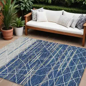 Photo of Navy Blue Gray And Ivory Striped Washable Indoor Outdoor Area Rug
