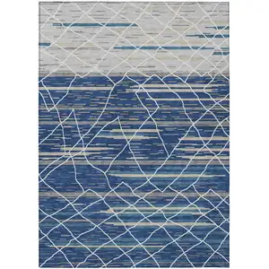 Photo of Navy Blue Gray And Ivory Striped Washable Indoor Outdoor Area Rug