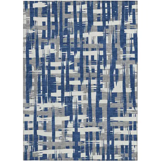 Navy Blue Gray And Ivory Striped Washable Indoor Outdoor Area Rug Photo 3