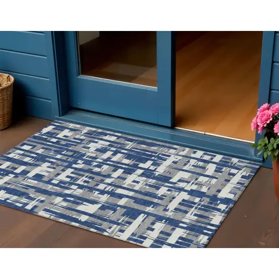 Navy Blue Gray And Ivory Striped Washable Indoor Outdoor Area Rug Photo 2