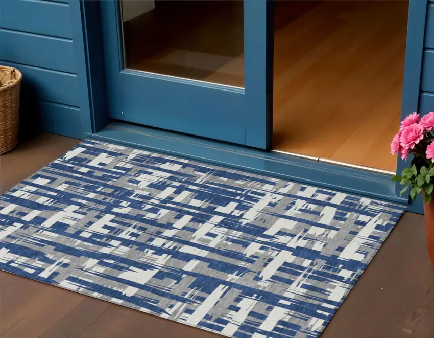 Navy Blue Gray And Ivory Striped Washable Indoor Outdoor Area Rug Photo 2