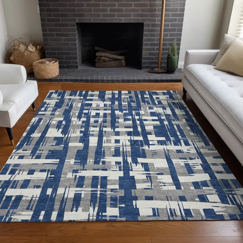 Navy Blue Gray And Ivory Striped Washable Indoor Outdoor Area Rug Photo 7