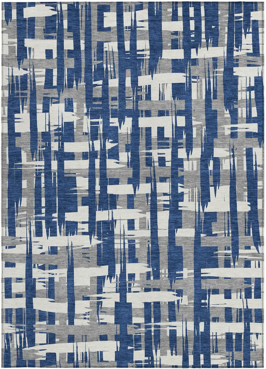 Navy Blue Gray And Ivory Striped Washable Indoor Outdoor Area Rug Photo 4