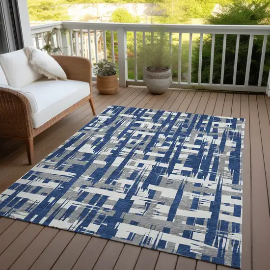 Navy Blue Gray And Ivory Striped Washable Indoor Outdoor Area Rug Photo 5