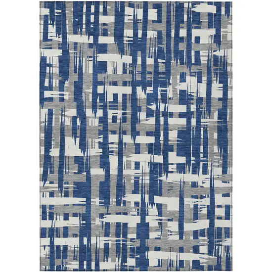 Navy Blue Gray And Ivory Striped Washable Indoor Outdoor Area Rug Photo 1