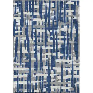 Photo of Navy Blue Gray And Ivory Striped Washable Indoor Outdoor Area Rug