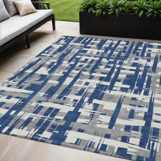Navy Blue Gray And Ivory Striped Washable Indoor Outdoor Area Rug Photo 2