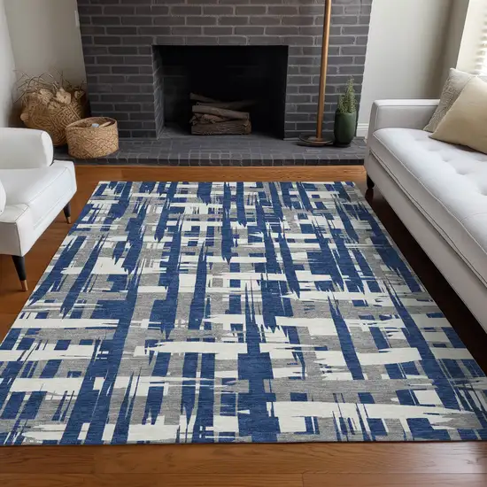 Navy Blue Gray And Ivory Striped Washable Indoor Outdoor Area Rug Photo 7