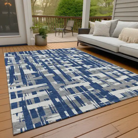 Navy Blue Gray And Ivory Striped Washable Indoor Outdoor Area Rug Photo 8