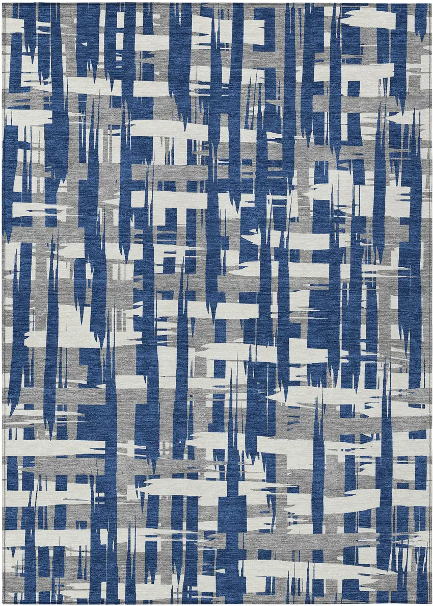 Navy Blue Gray And Ivory Striped Washable Indoor Outdoor Area Rug Photo 1