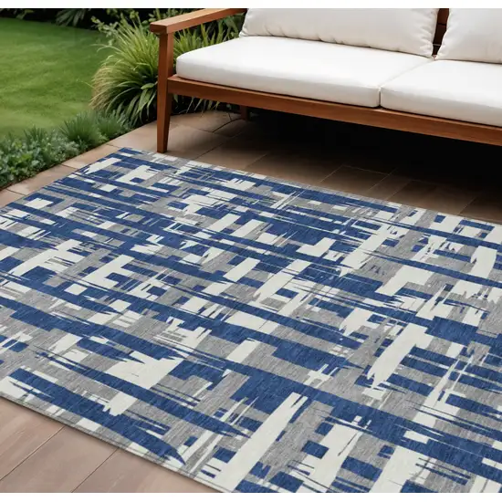 Navy Blue Gray And Ivory Striped Washable Indoor Outdoor Area Rug Photo 2