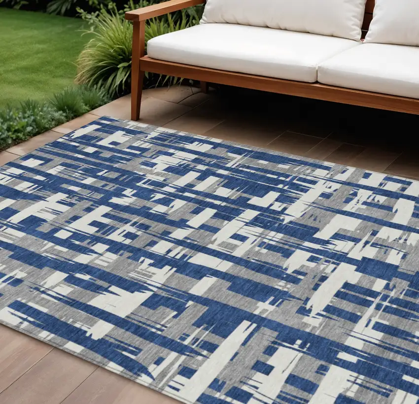 Navy Blue Gray And Ivory Striped Washable Indoor Outdoor Area Rug Photo 2
