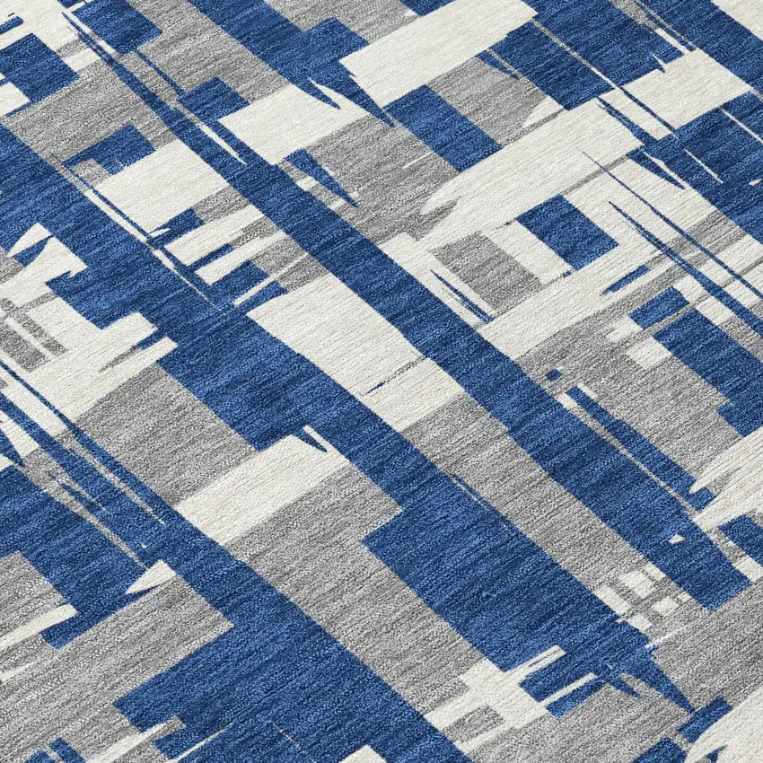Navy Blue Gray And Ivory Striped Washable Indoor Outdoor Area Rug Photo 9