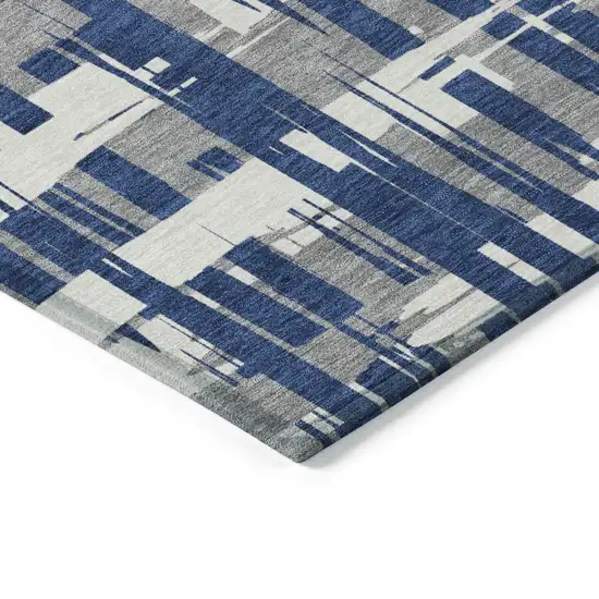 Navy Blue Gray And Ivory Striped Washable Indoor Outdoor Area Rug Photo 6