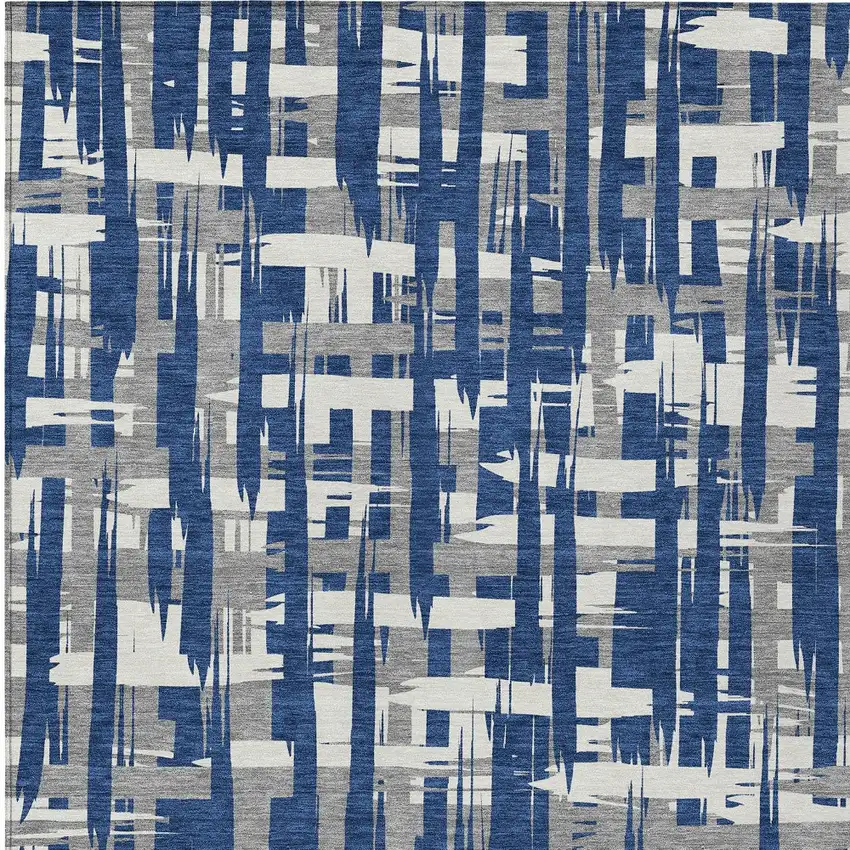 Navy Blue Gray And Ivory Striped Washable Indoor Outdoor Area Rug Photo 9
