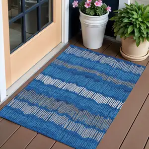 Photo of Navy Blue Gray And Ivory Striped Washable Indoor Outdoor Area Rug