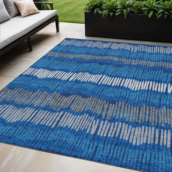 Navy Blue Gray And Ivory Striped Washable Indoor Outdoor Area Rug Photo 1