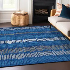 Photo of Navy Blue Gray And Ivory Striped Washable Indoor Outdoor Area Rug