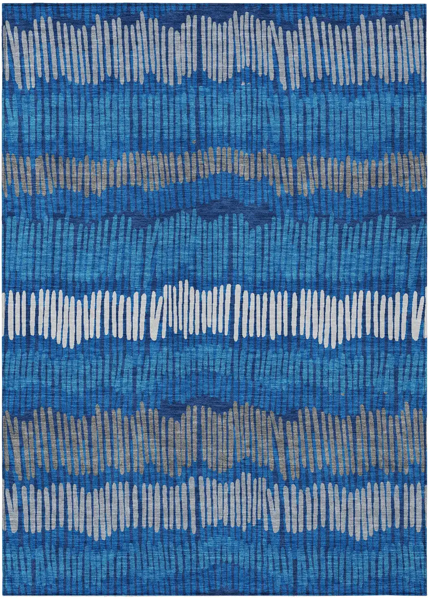 Navy Blue Gray And Ivory Striped Washable Indoor Outdoor Area Rug Photo 2