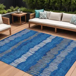 Photo of Navy Blue Gray And Ivory Striped Washable Indoor Outdoor Area Rug
