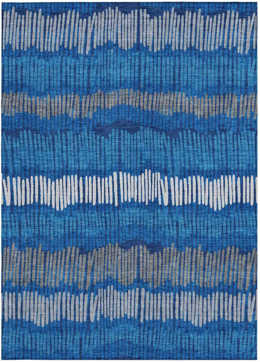 Navy Blue Gray And Ivory Striped Washable Indoor Outdoor Area Rug Photo 8