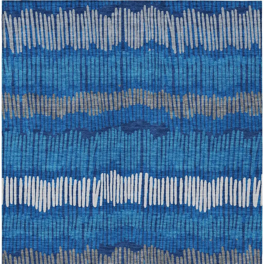Navy Blue Gray And Ivory Striped Washable Indoor Outdoor Area Rug Photo 8