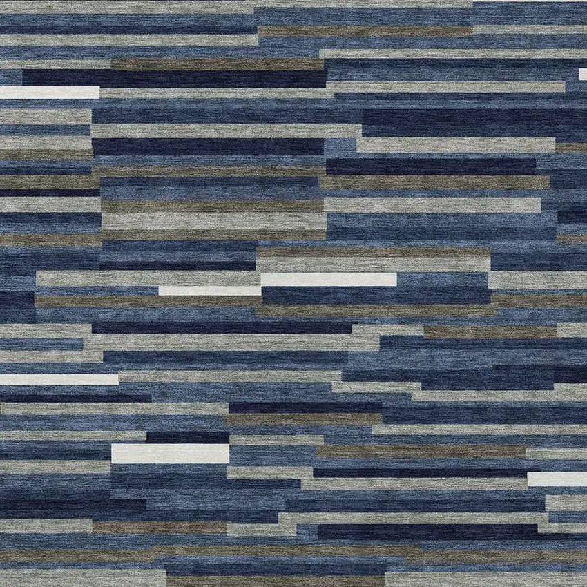 Navy Blue Gray And Ivory Striped Washable Indoor Outdoor Area Rug Photo 7