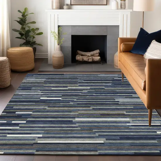 Navy Blue Gray And Ivory Striped Washable Indoor Outdoor Area Rug Photo 9