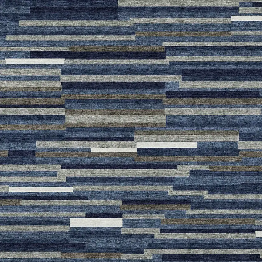 Navy Blue Gray And Ivory Striped Washable Indoor Outdoor Area Rug Photo 7