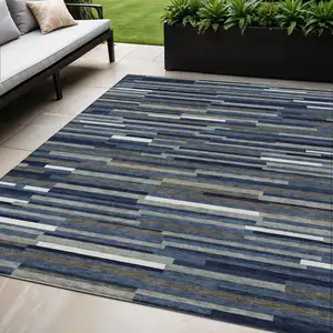Photo of Navy Blue Gray And Ivory Striped Washable Indoor Outdoor Area Rug