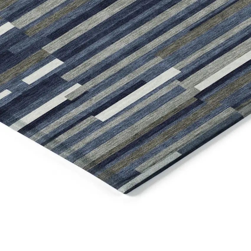 Navy Blue Gray And Ivory Striped Washable Indoor Outdoor Area Rug Photo 5
