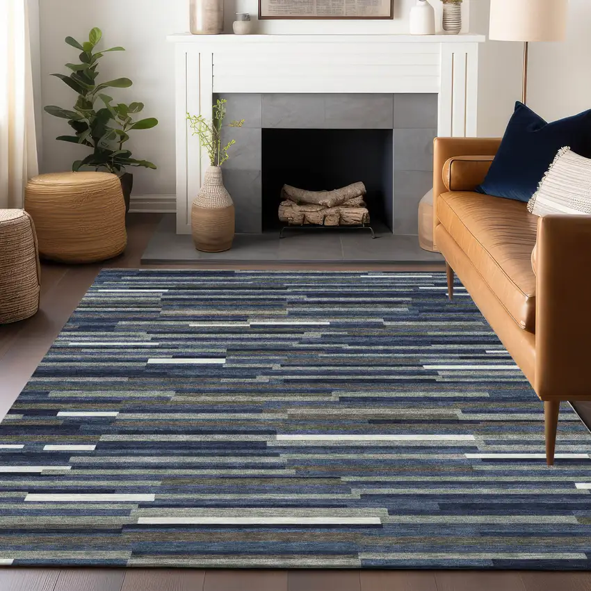 Navy Blue Gray And Ivory Striped Washable Indoor Outdoor Area Rug Photo 9